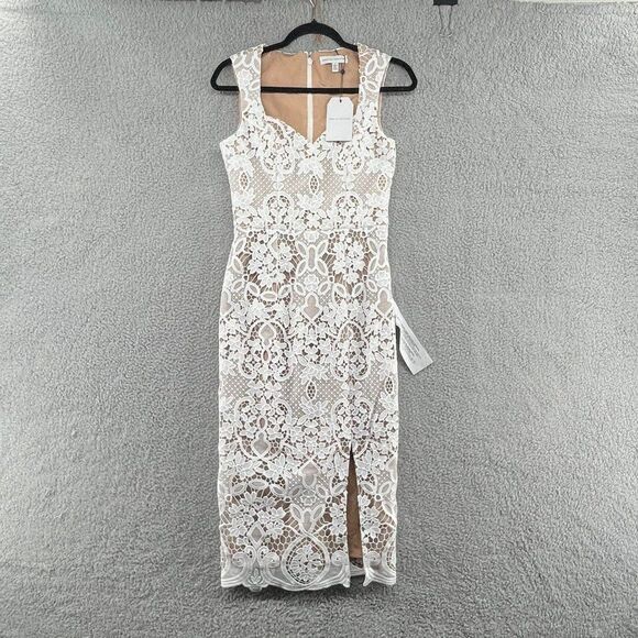 NWT Dress the Population Jayleen Lace Sheath Midi Dress in Off White Size Small - Picture 1 of 14